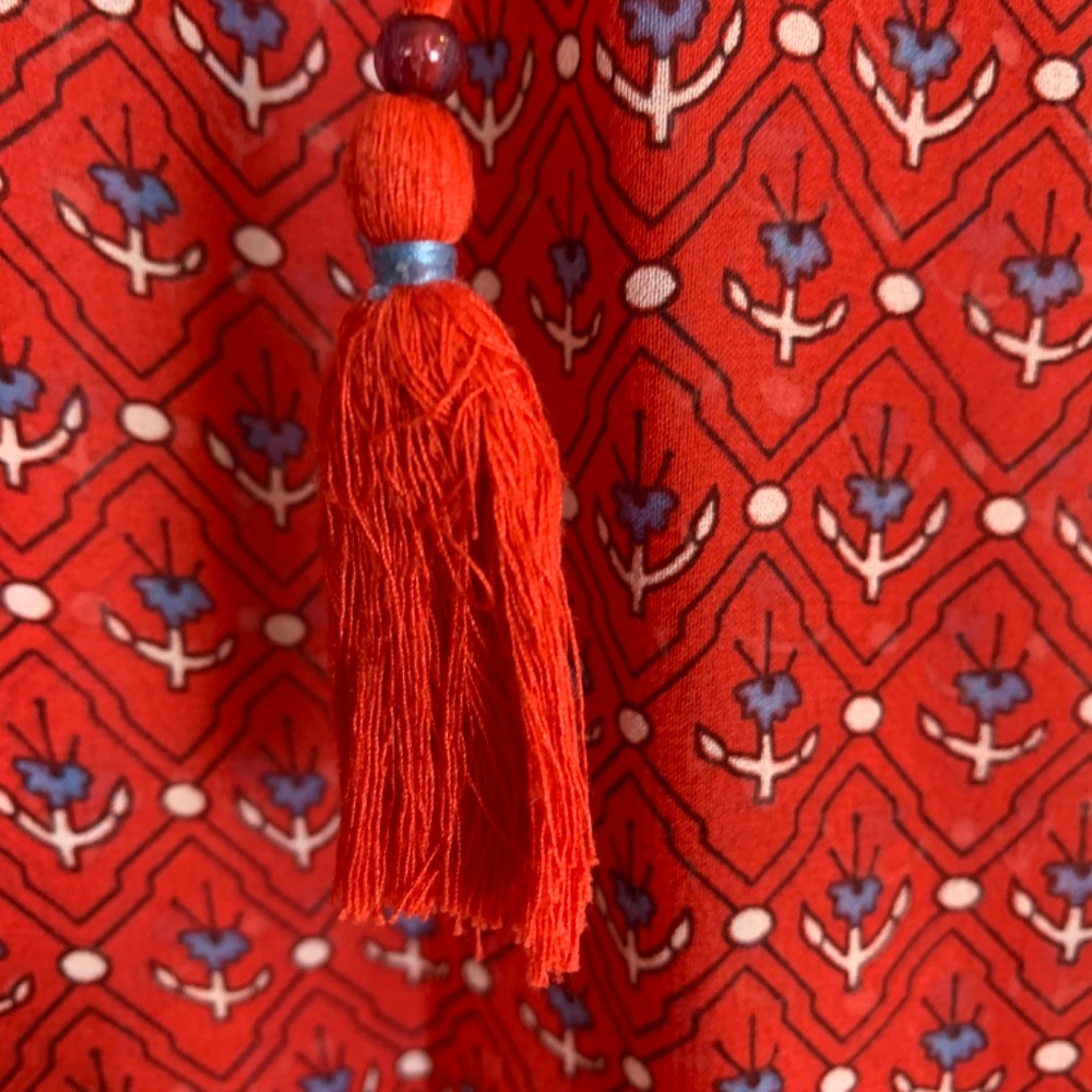 Ulla Johnson Silk Ruffle Top Blouse Womens Size 2 Red Floral Tassel Tie Sheer - Picture 9 of 14